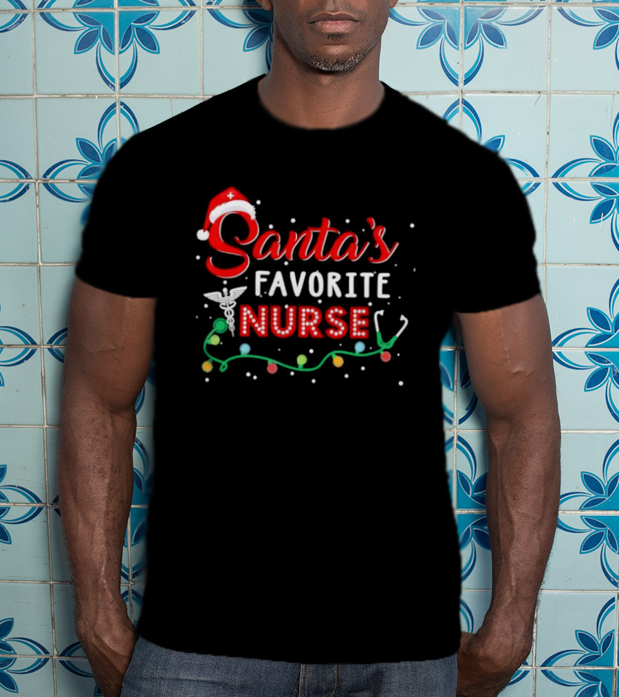 Santa's Favorite Nurse Christmas With Santa Hat And Stethoscope T-Shirt