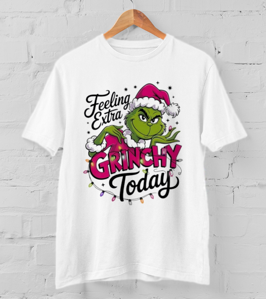 Feeling Extra Grinchy Today Green Character In Santa Hat With Lights T-Shirt