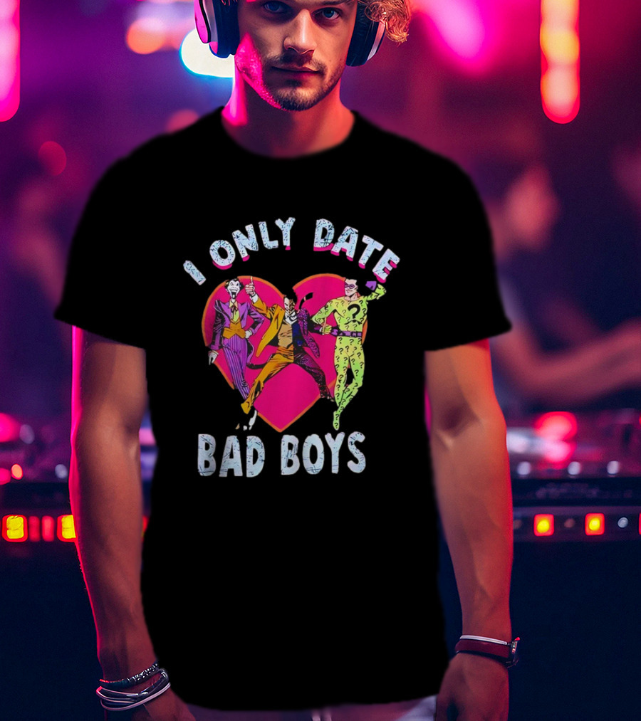 I Only Date Bad Boys DC Comics Joker Riddler Harley Quinn Heart T-Shirt