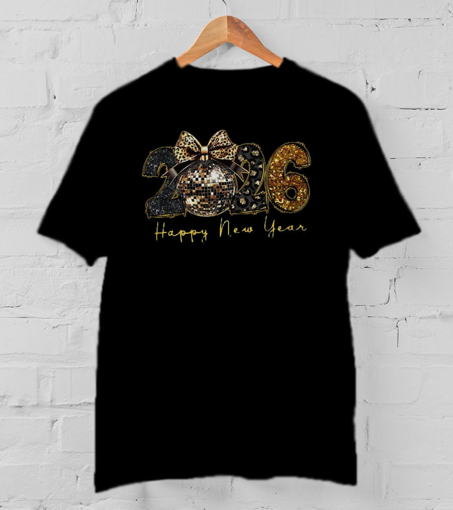 2026 Black Gold Disco Ball Leopard Print Happy New Year T-Shirt