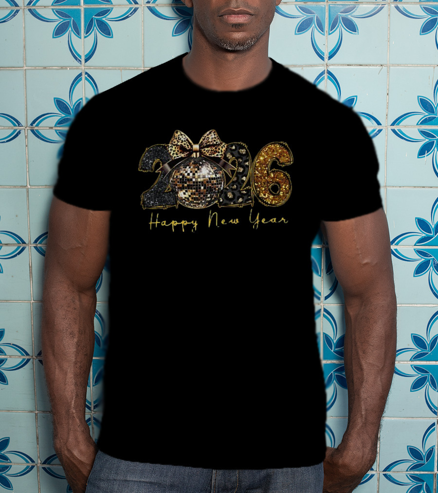 2026 Black Gold Disco Ball Leopard Print Happy New Year T-Shirt