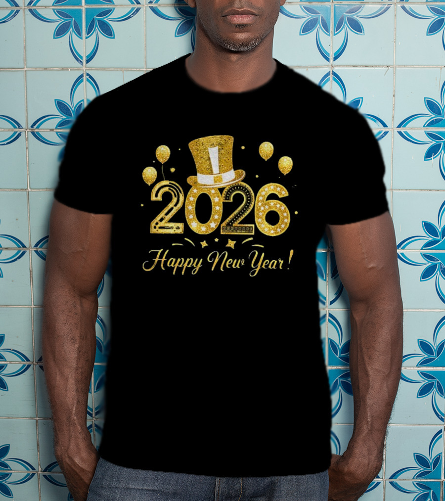 2026 Gold Glitter Balloons And Top Hat Happy New Year Celebration T-Shirt