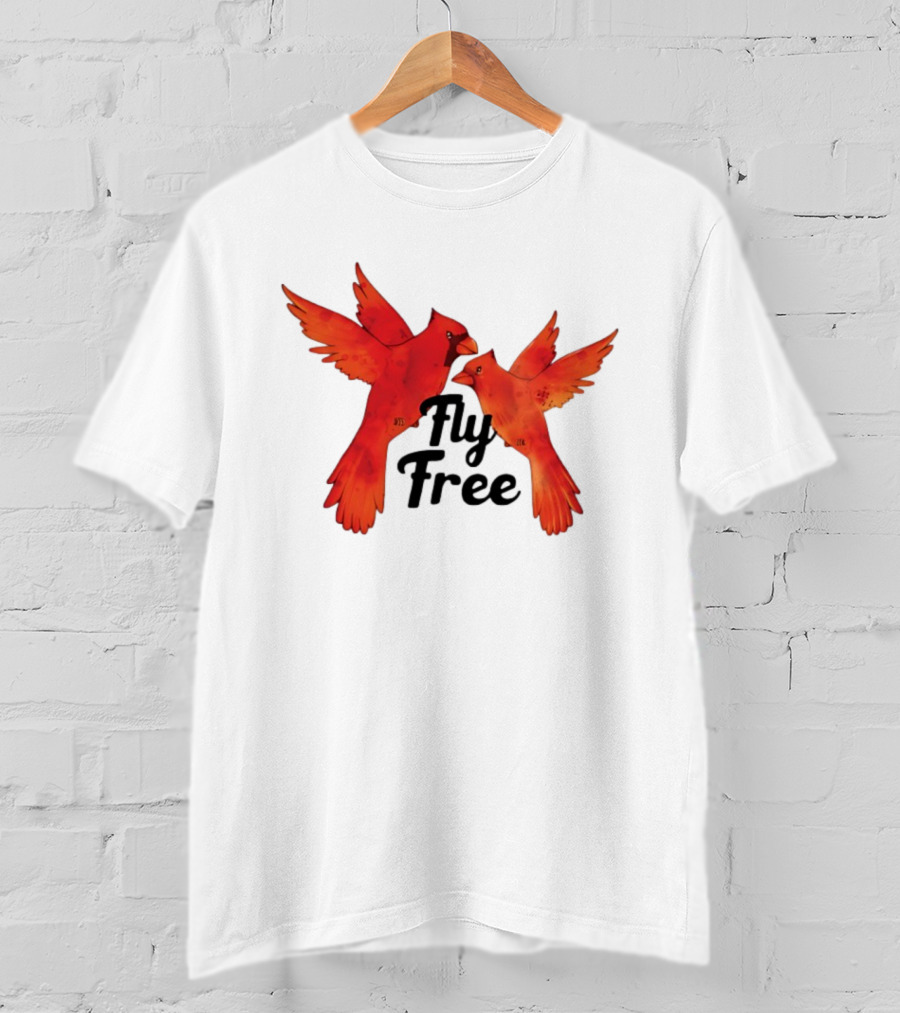 Fly Free Cardinal Bird Pair Vibrant Red Wings Dynamic Motion T-Shirt