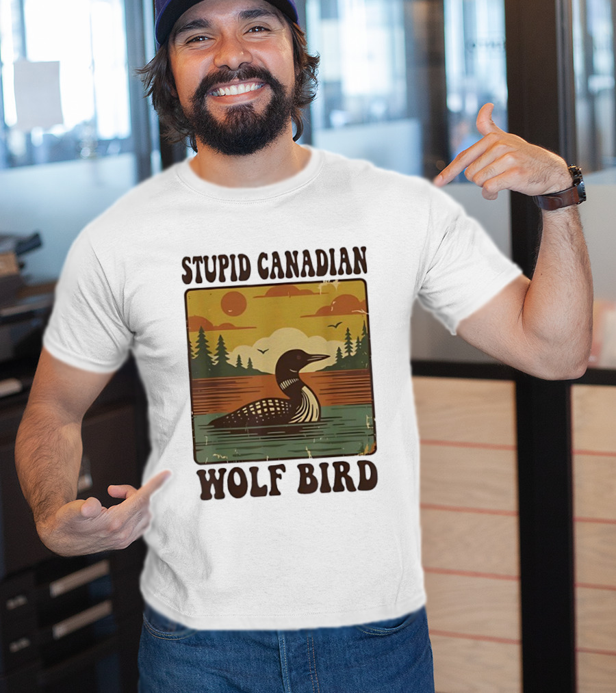 Stupid Canadian Wolf Bird Vintage Sunset Retro Lake Scene T-Shirt