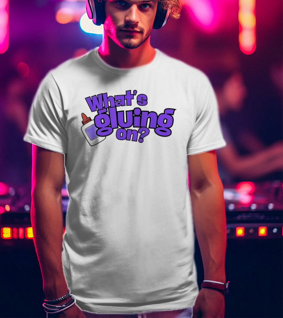 What's Gluing On Purple Text With Red Cap And Paper T-Shirt