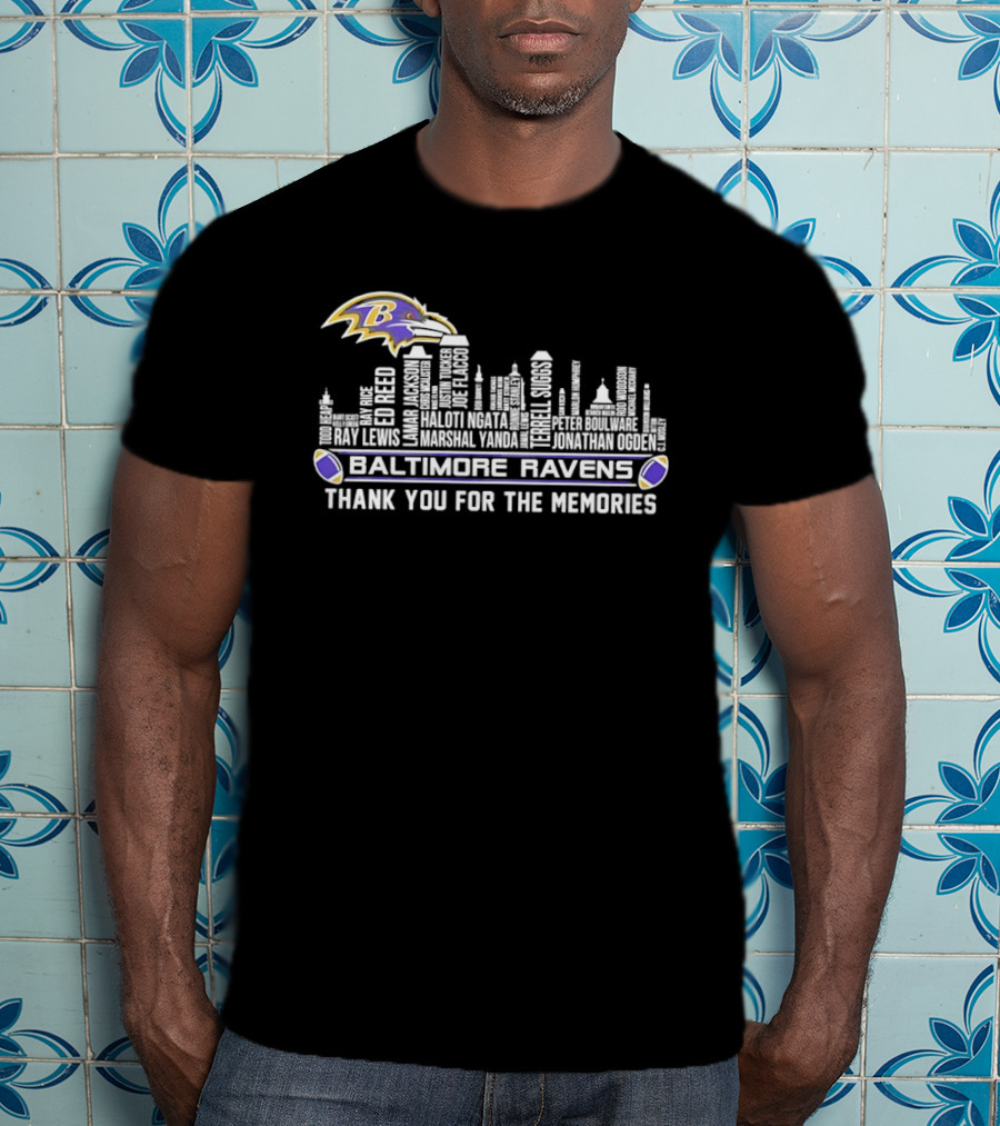 Baltimore Ravens Ray Lewis Marshall Yanda Jonathan Ogden City Skyline Thank You For The Memories T-Shirt