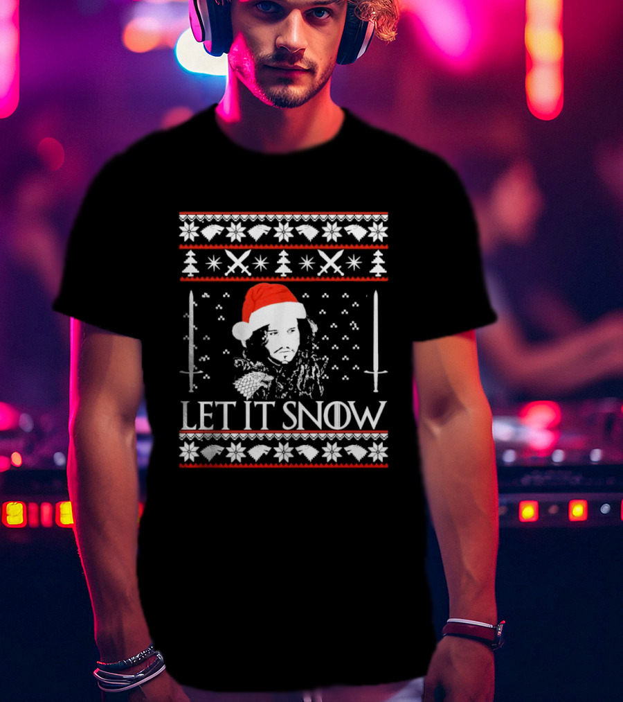 Let It Snow Christmas Ugly Sweater Santa Hat Swords Snowflakes Trees T-Shirt