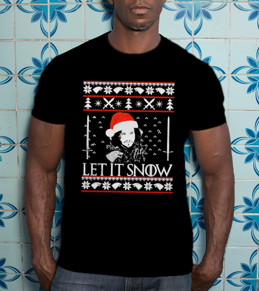 Let It Snow Christmas Ugly Sweater Santa Hat Swords Snowflakes Trees T-Shirt