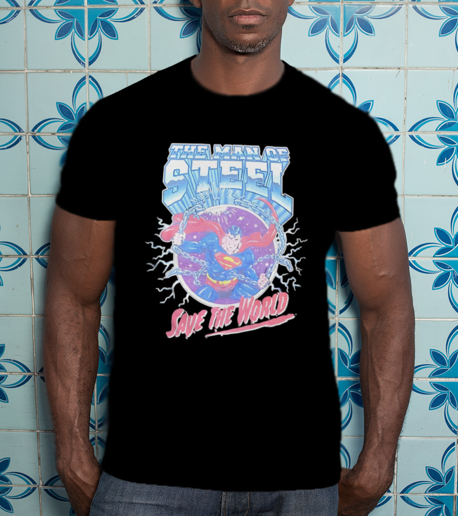 The Man Of Steel Save The World Lightning Superhero Iconic T-Shirt