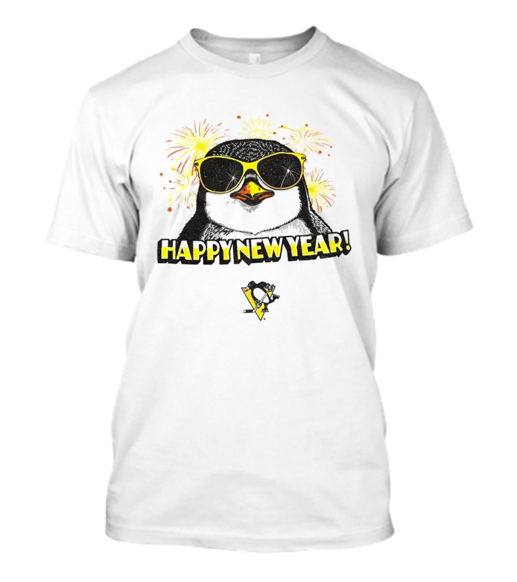 Pittsburgh Penguins Happy New Year Penguins Logo Fireworks Celebration Yellow T-Shirt