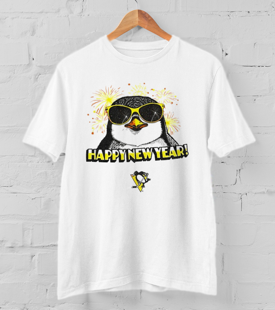 Pittsburgh Penguins Happy New Year Penguins Logo Fireworks Celebration Yellow T-Shirt