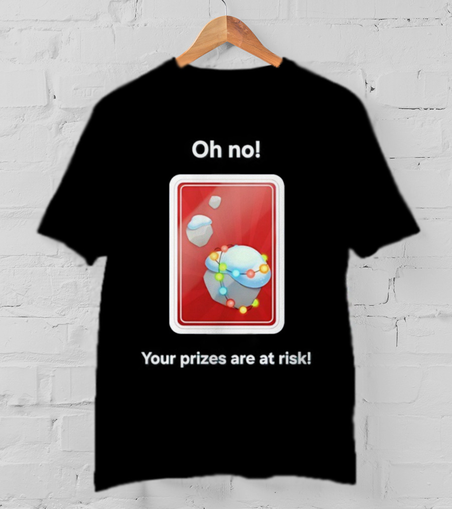 Oh No Your Prizes Are At Risk Christmas Card With Snowy Rocks And Colorful String Lights T-Shirt