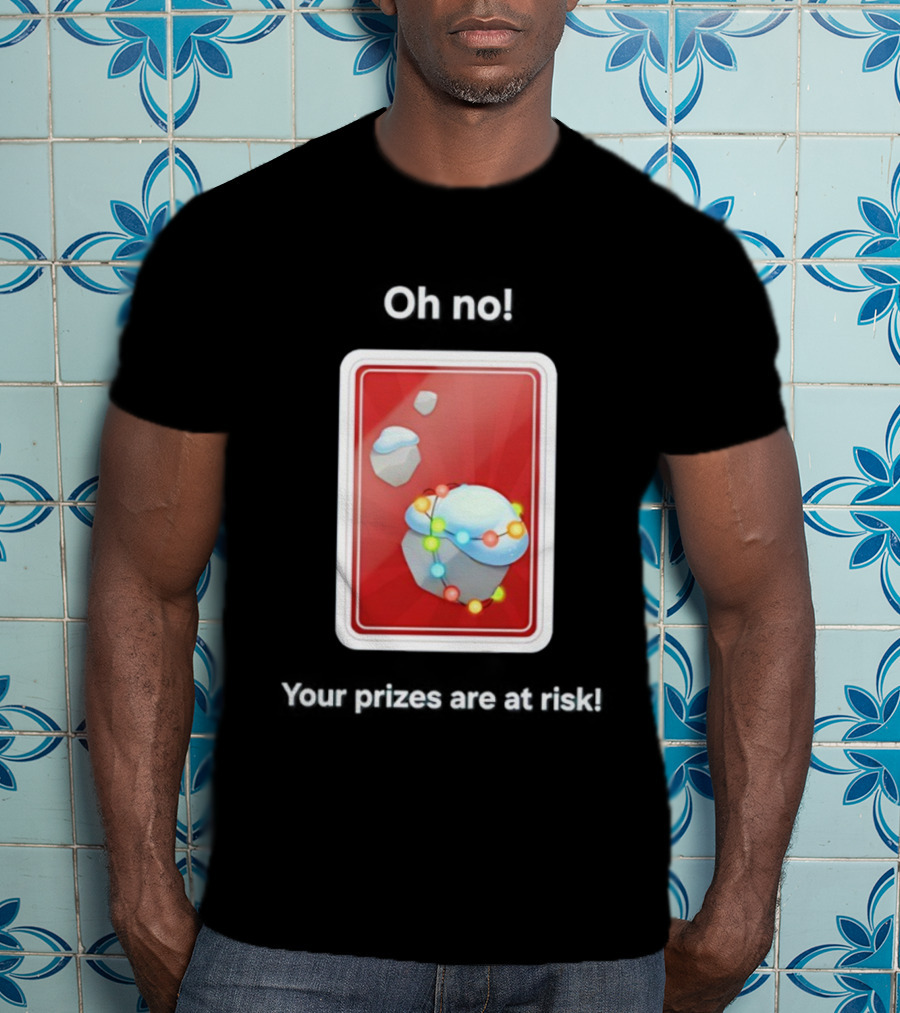Oh No Your Prizes Are At Risk Christmas Card With Snowy Rocks And Colorful String Lights T-Shirt