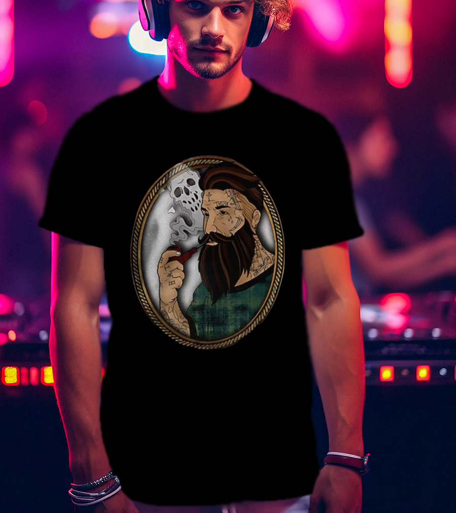 Old School Tattooed Man Smoking Pipe Retro Cartoon Image T-Shirt