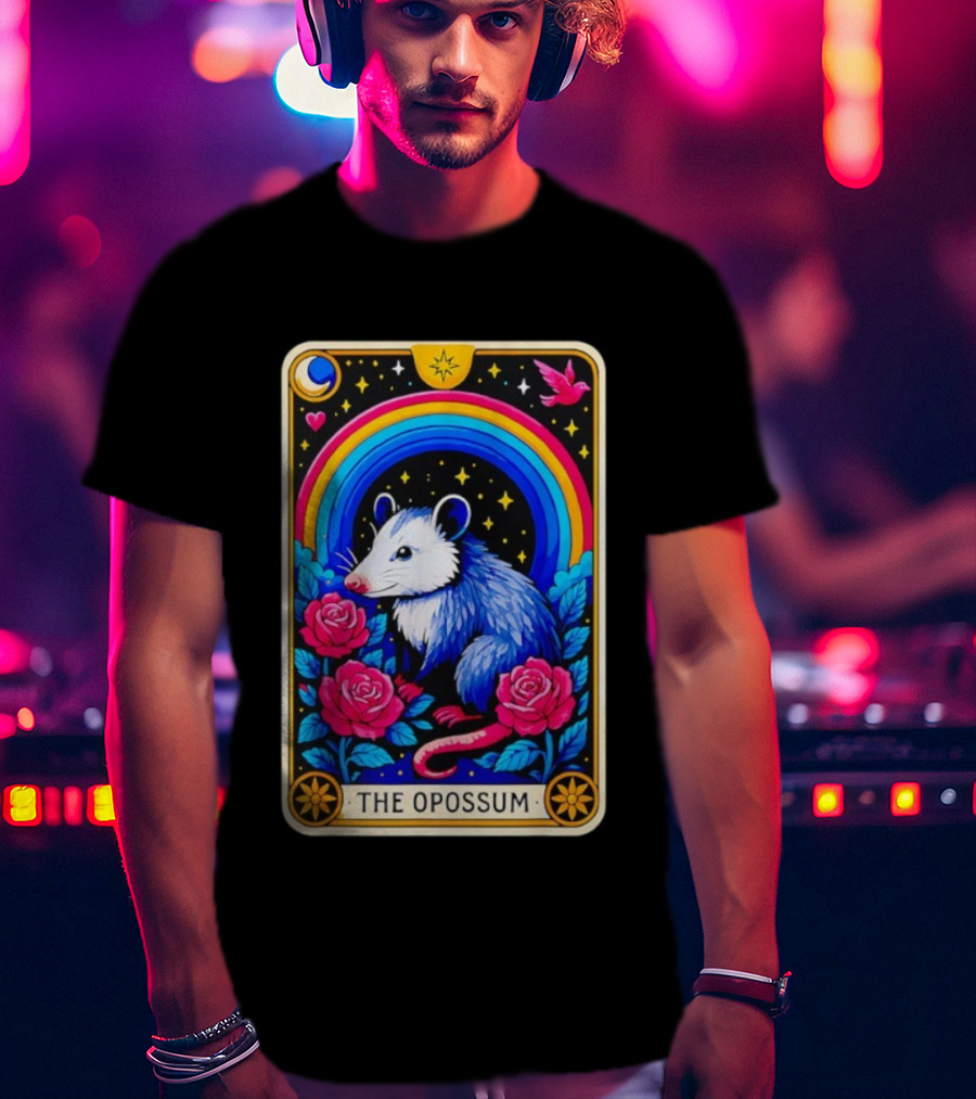 The Opossum Tarot Card Rainbow Moon Roses Stars T-Shirt