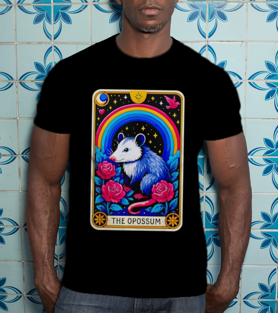 The Opossum Tarot Card Rainbow Moon Roses Stars T-Shirt