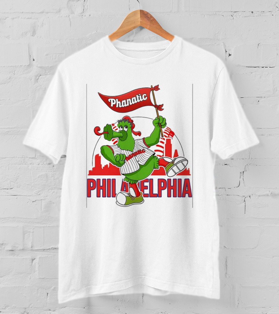 Phillie Phanatic Philadelphia Phillies Mascot Dancing With Skyline And Flag T-Shirt