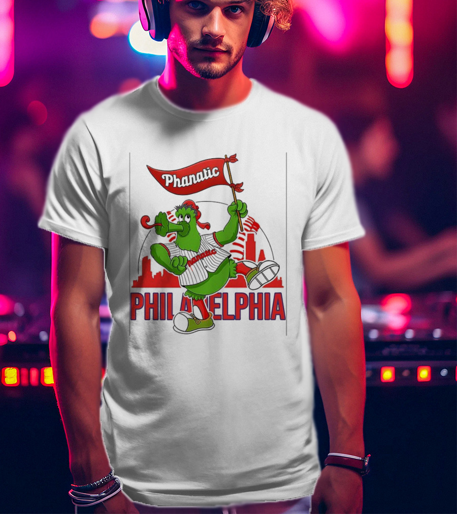 Phillie Phanatic Philadelphia Phillies Mascot Dancing With Skyline And Flag T-Shirt
