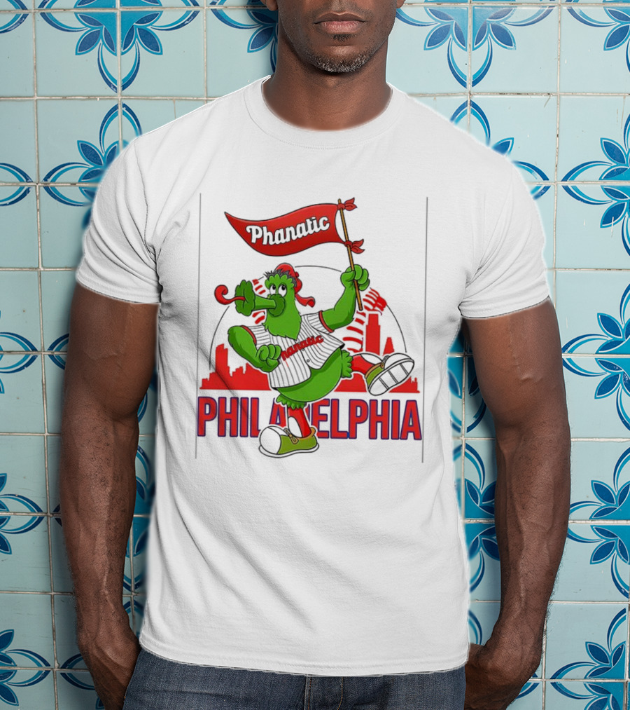 Phillie Phanatic Philadelphia Phillies Mascot Dancing With Skyline And Flag T-Shirt