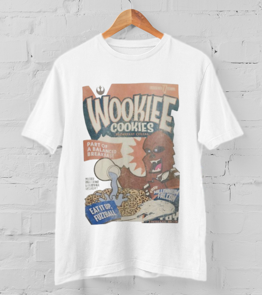 Wookiee Cookies Breakfast Cereal Eat It Up Fuzzball Free Millennium Falcon T-Shirt
