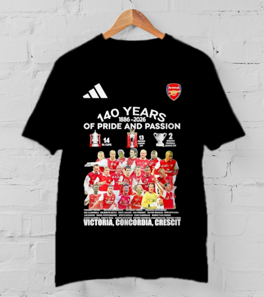 Arsenal FC 140 Years Pride Passion 1886 2026 Victoria Concordia Crescit T-Shirt