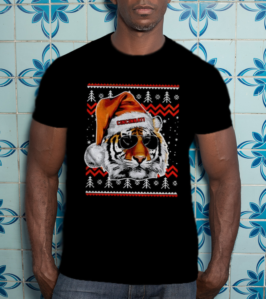 Cincinnati Santa Hat Tiger Ugly Christmas Vintage Football T-Shirt