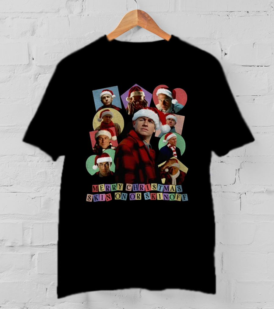 Merry Christmas Skin On Or Skin Off Santa Hat Collage T-Shirt