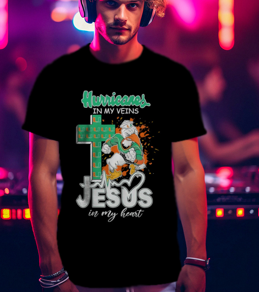 Hurricanes In My Veins Jesus In My Heart Cross Shape Miami Ibis T-Shirt