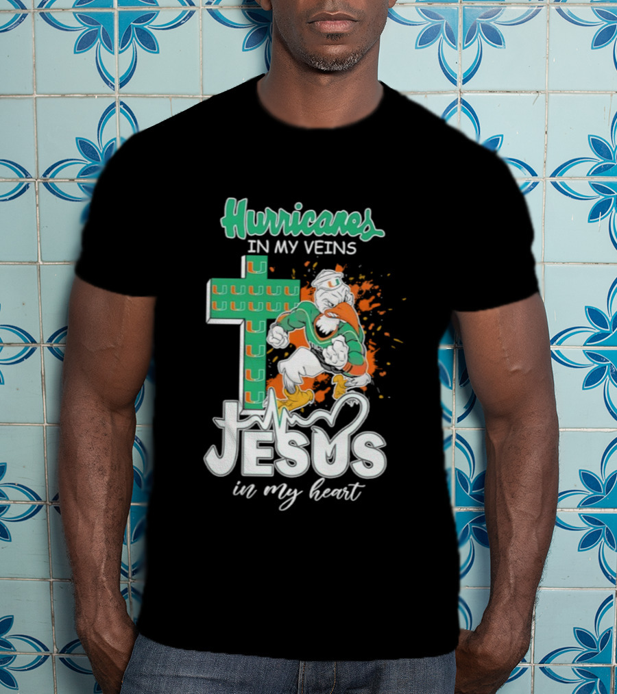 Hurricanes In My Veins Jesus In My Heart Cross Shape Miami Ibis T-Shirt