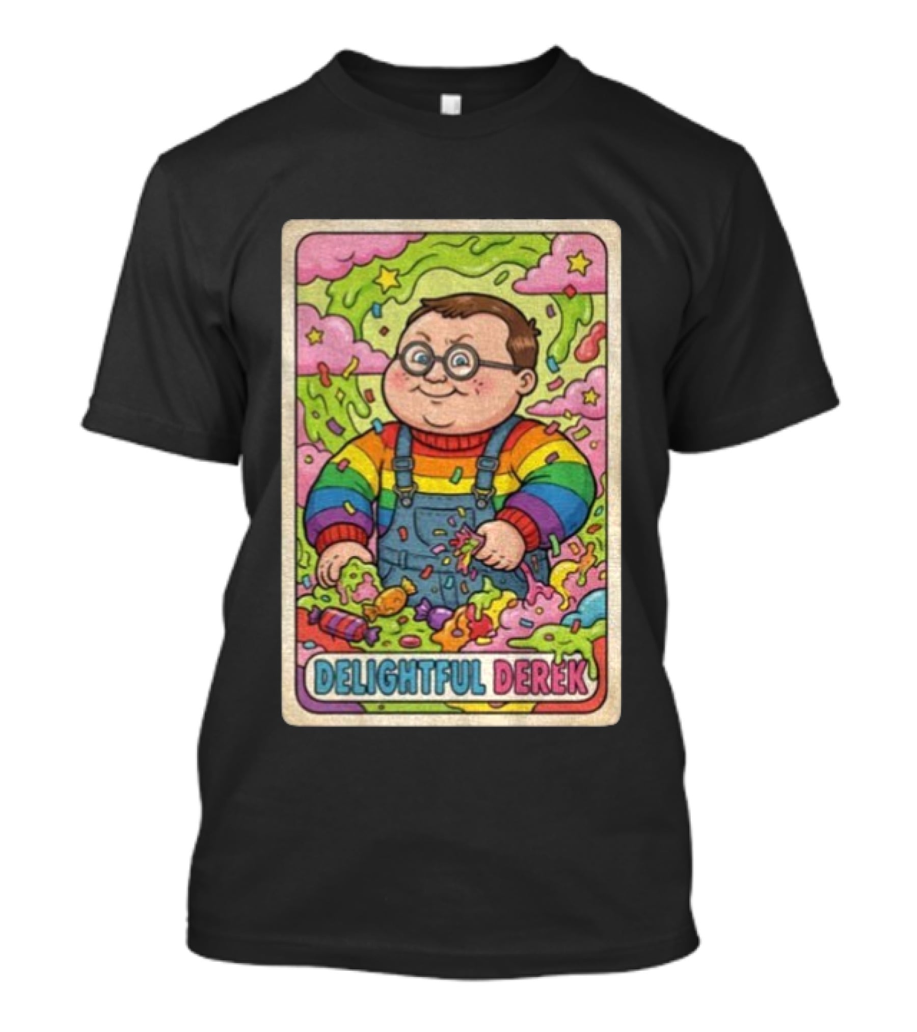 Delightful Derek Rainbow Cartoon Character In Vibrant 80s T-Shirt