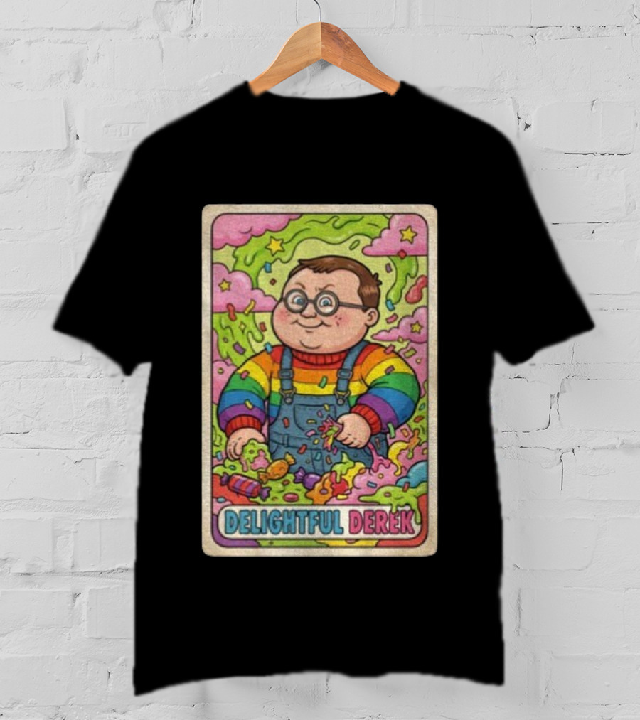 Delightful Derek Rainbow Cartoon Character In Vibrant 80s T-Shirt