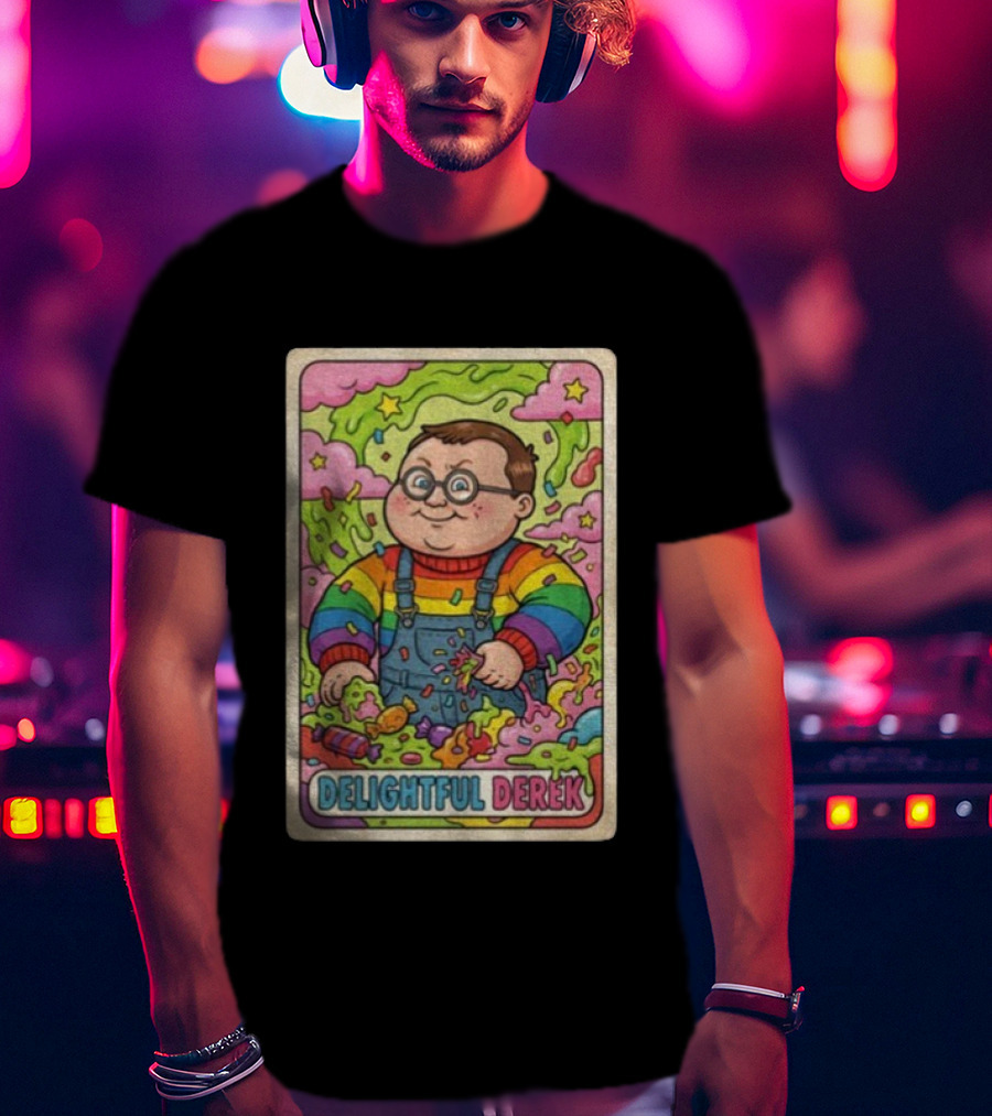 Delightful Derek Rainbow Cartoon Character In Vibrant 80s T-Shirt