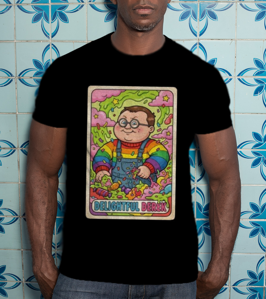 Delightful Derek Rainbow Cartoon Character In Vibrant 80s T-Shirt