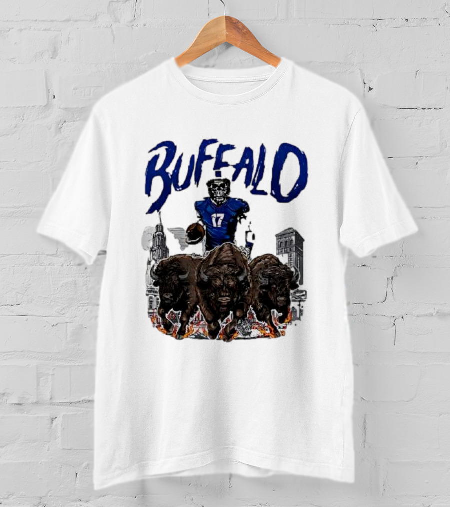 Buffalo Football Skeleton 17 With Charging Bison And City Skyline T-Shirt