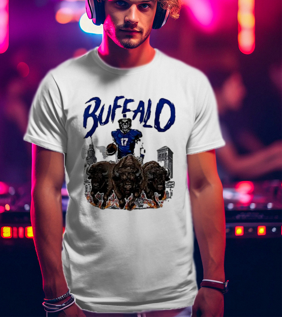 Buffalo Football Skeleton 17 With Charging Bison And City Skyline T-Shirt