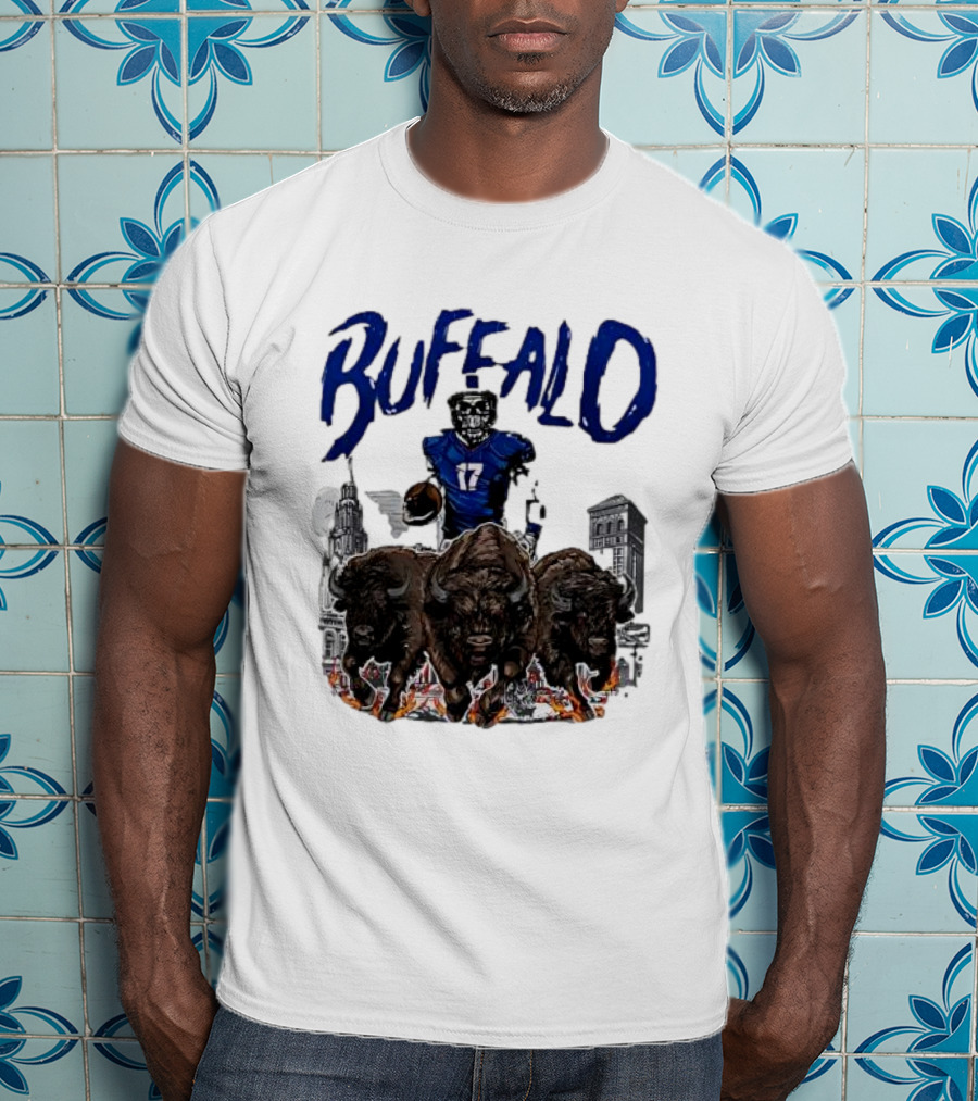 Buffalo Football Skeleton 17 With Charging Bison And City Skyline T-Shirt