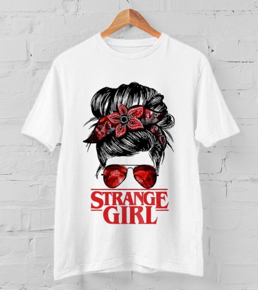 Strange Girl Red Floral Hair Scarf Messy Bun T-Shirt