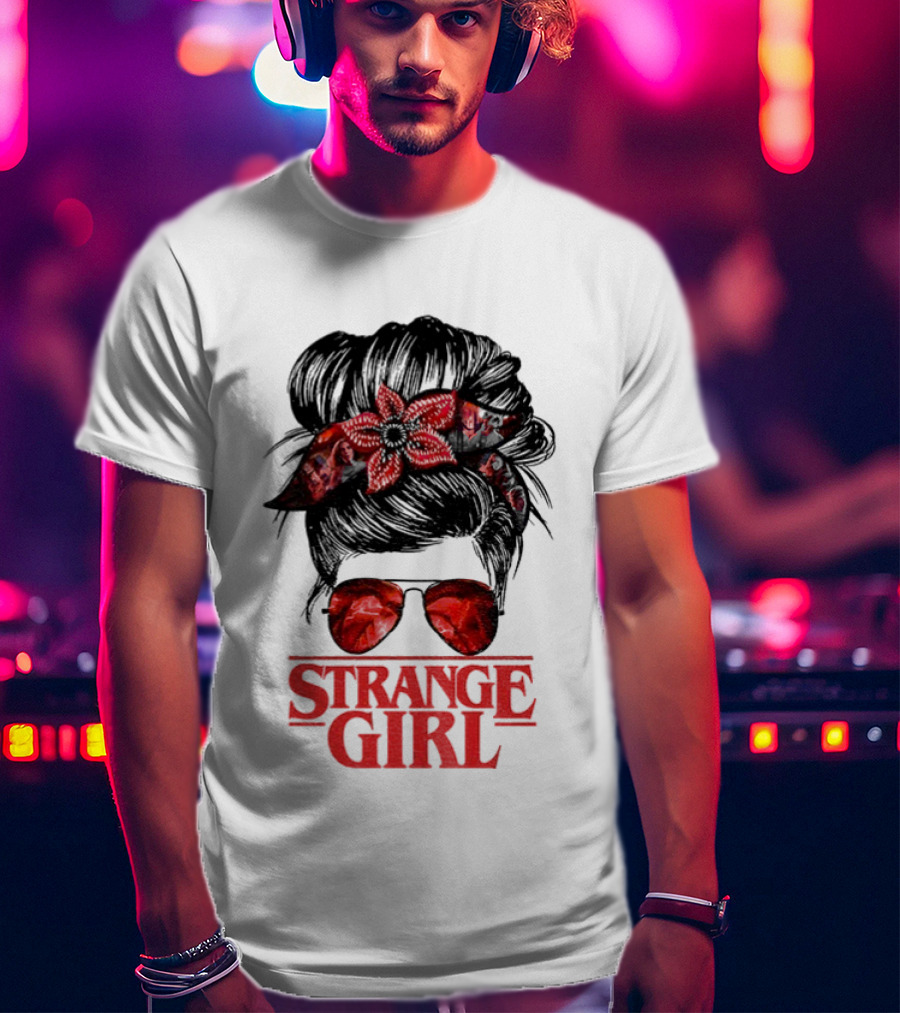 Strange Girl Red Floral Hair Scarf Messy Bun T-Shirt