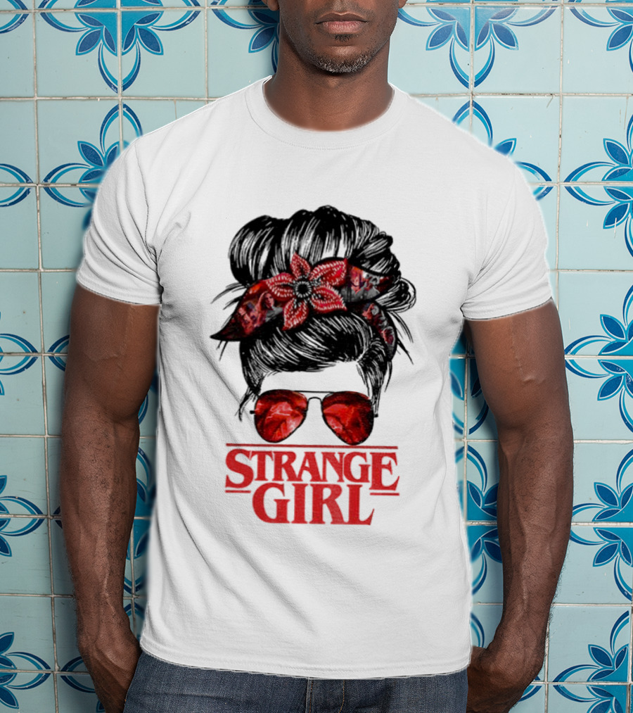 Strange Girl Red Floral Hair Scarf Messy Bun T-Shirt