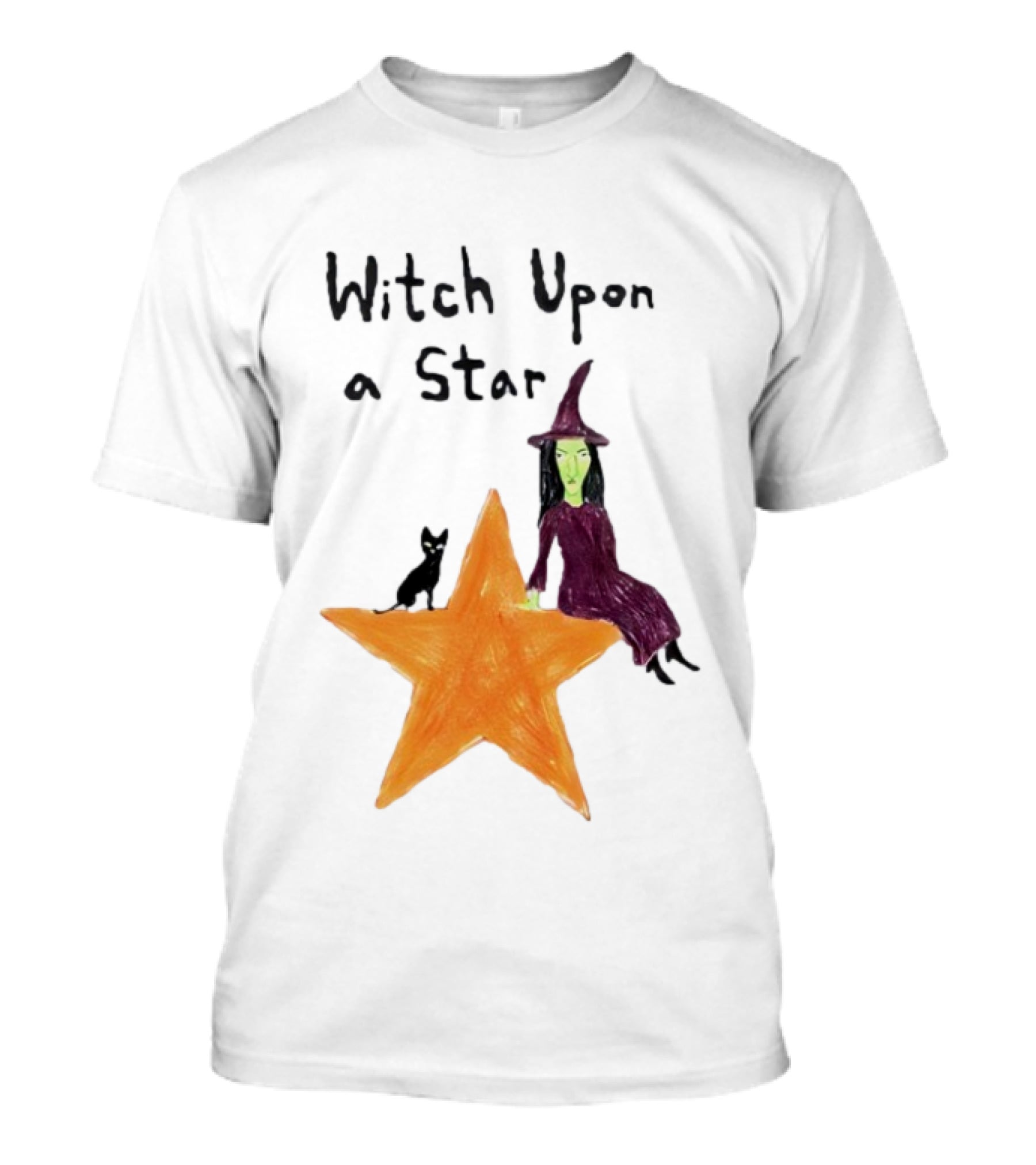 Witch Upon A Star Green Witch Purple Hat Orange Star Black Cat T-Shirt