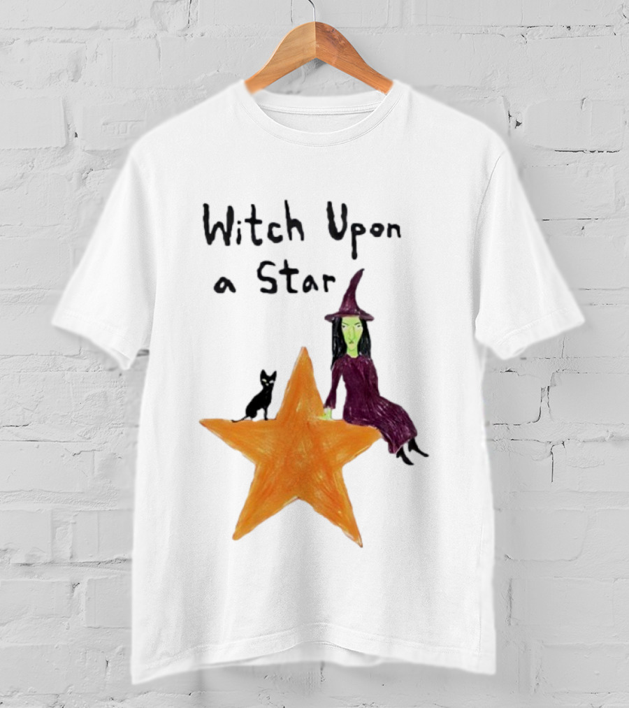 Witch Upon A Star Green Witch Purple Hat Orange Star Black Cat T-Shirt