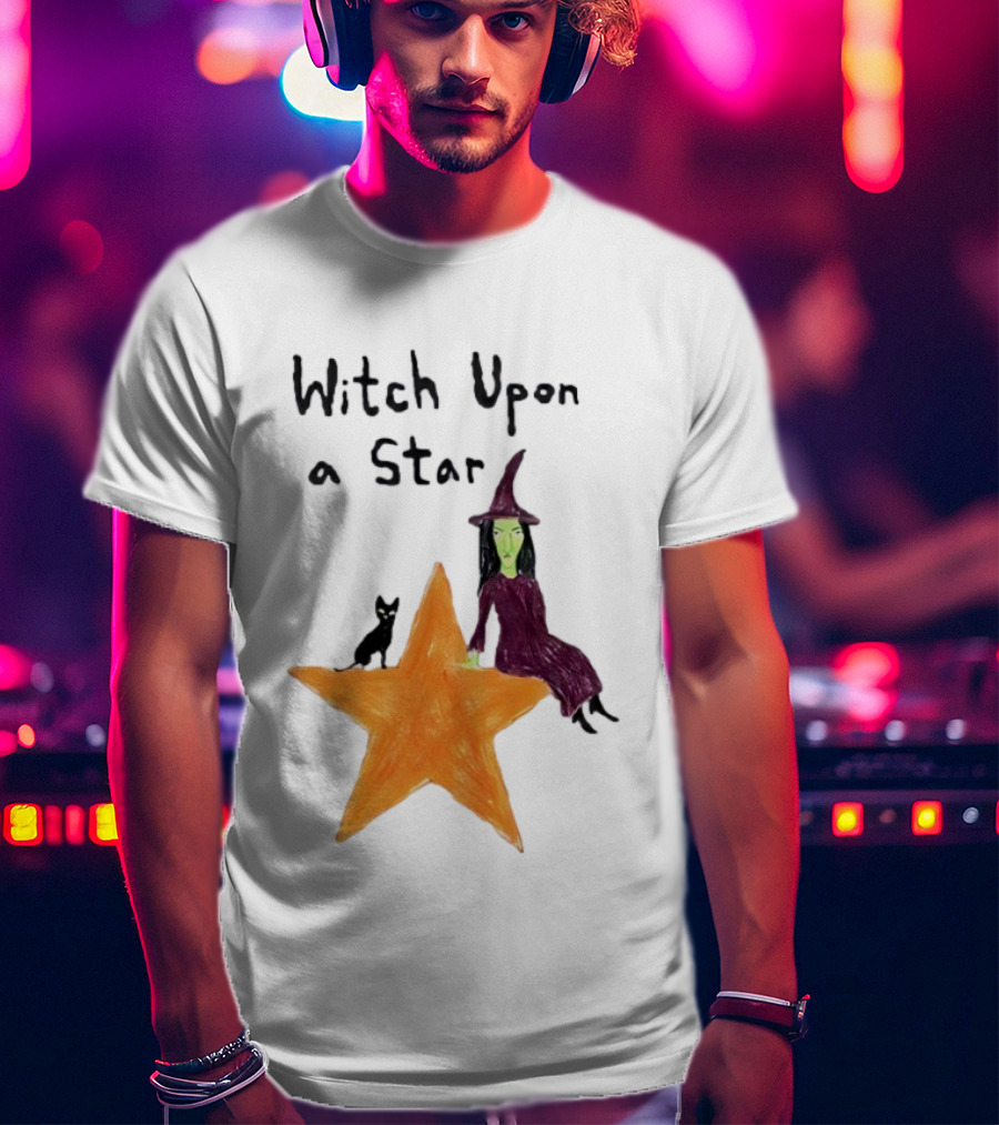 Witch Upon A Star Green Witch Purple Hat Orange Star Black Cat T-Shirt