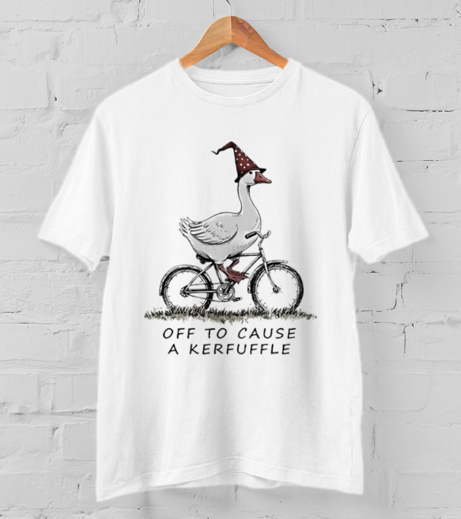 Goose Riding A Bicycle Witch Hat Causing A Kerfuffle Halloween Adventure T-Shirt