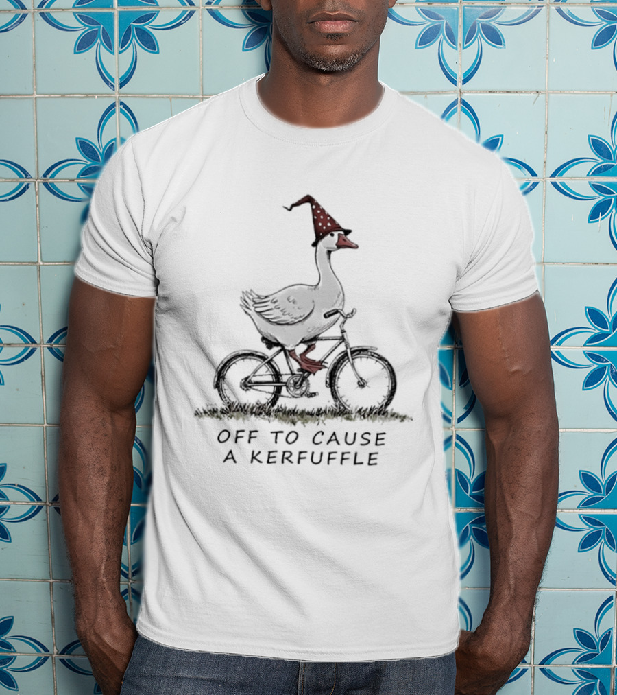 Goose Riding A Bicycle Witch Hat Causing A Kerfuffle Halloween Adventure T-Shirt