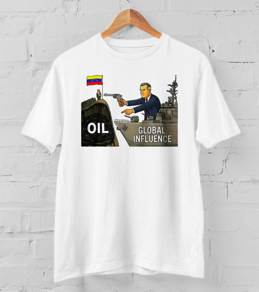 USA Venezuela Oil Conflict Political Satire Global Influence Cartoon Flags Gun Ship T-Shirt