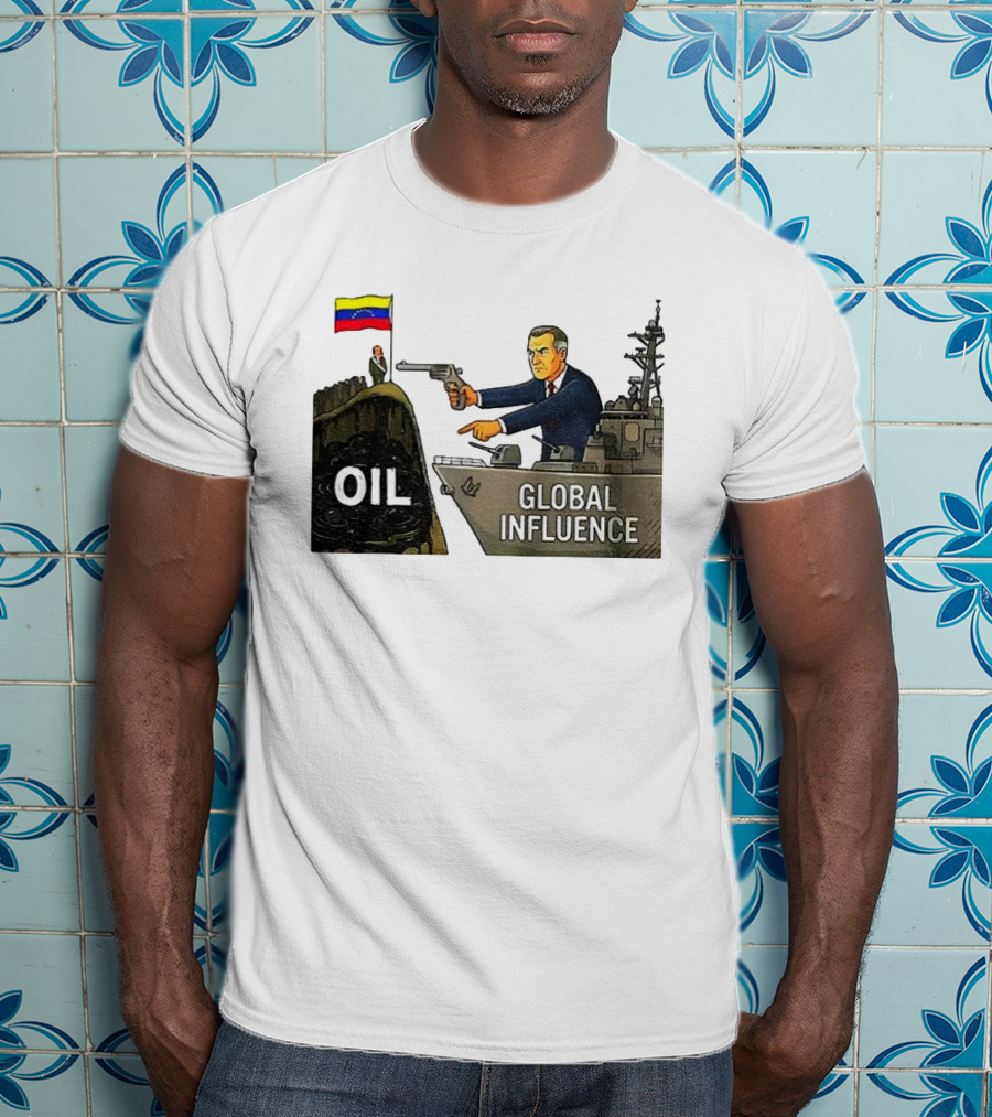 USA Venezuela Oil Conflict Political Satire Global Influence Cartoon Flags Gun Ship T-Shirt