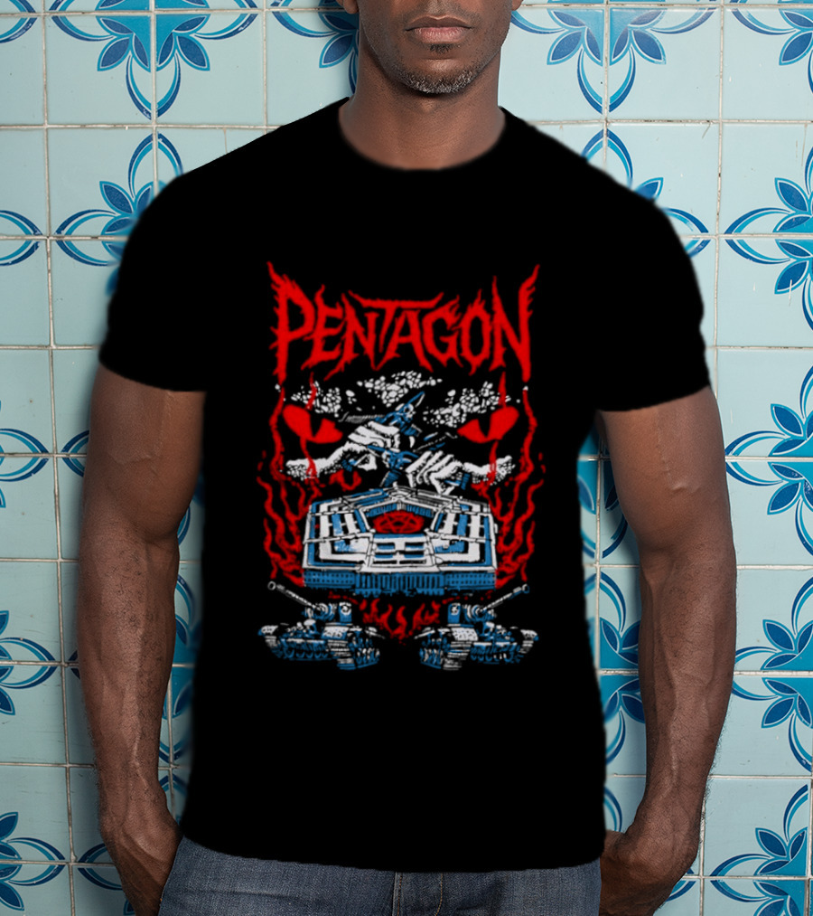 Pentagon Band Red Flames And Hearts T-Shirt