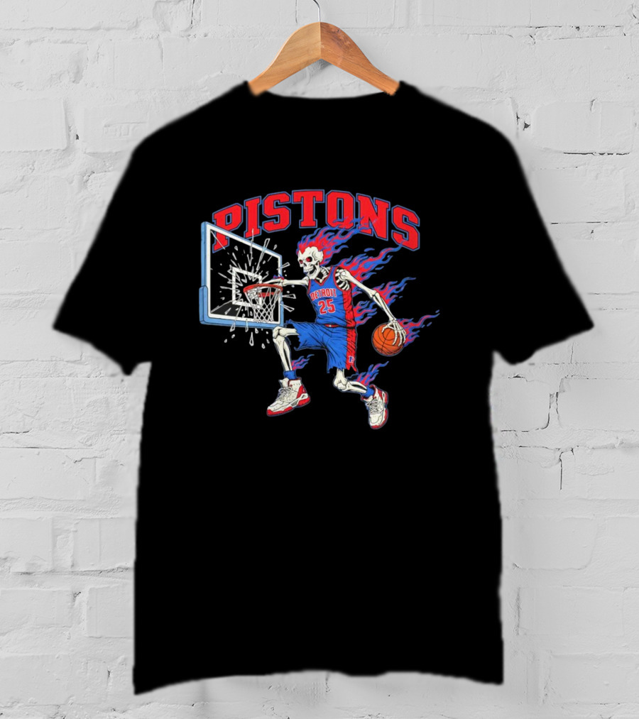 Detroit Pistons Skeleton Basketball Player With Flame Hair Dunking T-Shirt