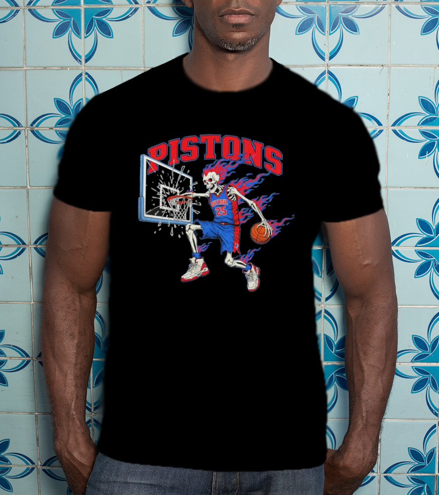 Detroit Pistons Skeleton Basketball Player With Flame Hair Dunking T-Shirt