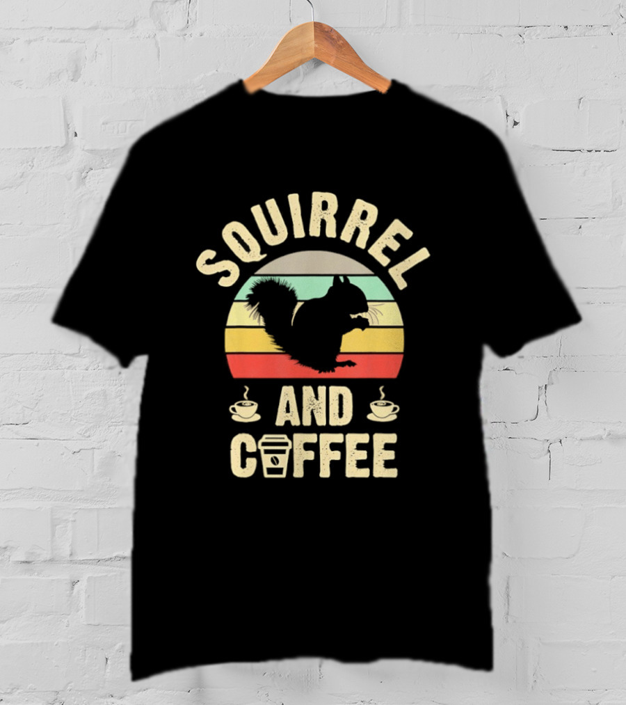 Squirrel And Coffee Retro Sunset Silhouette With Cups And Takeaway T-Shirt